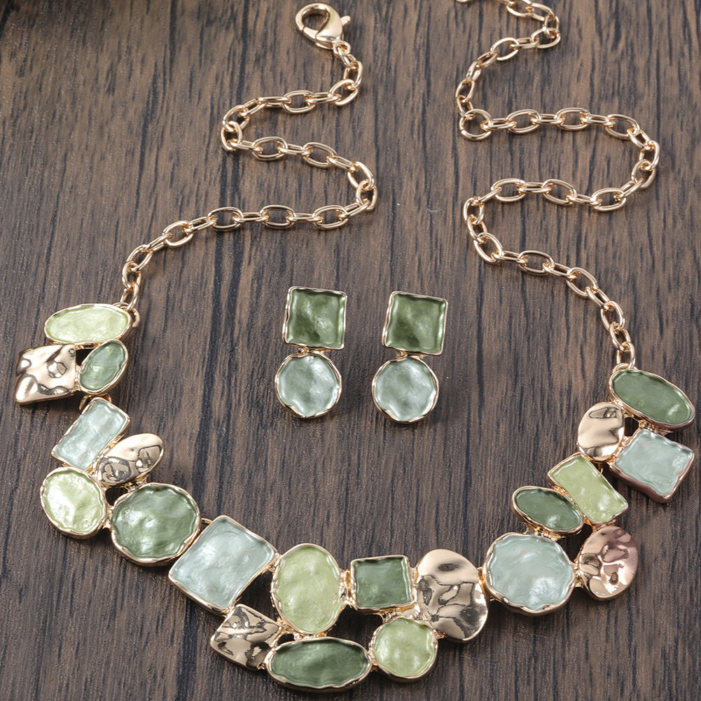 Oil Dripping Enamel Color Zinc Alloy Irregular Geometry Advanced Elegant Wild Earrings Necklace Two-piece Set