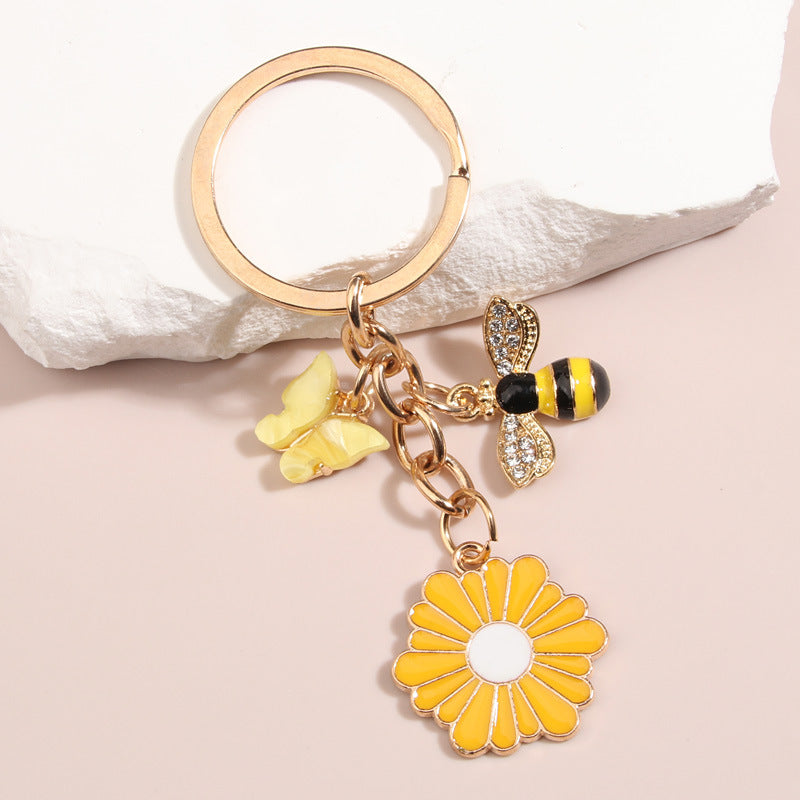 Handmade Dripping Oil Cute Little Bee Flower Keychain