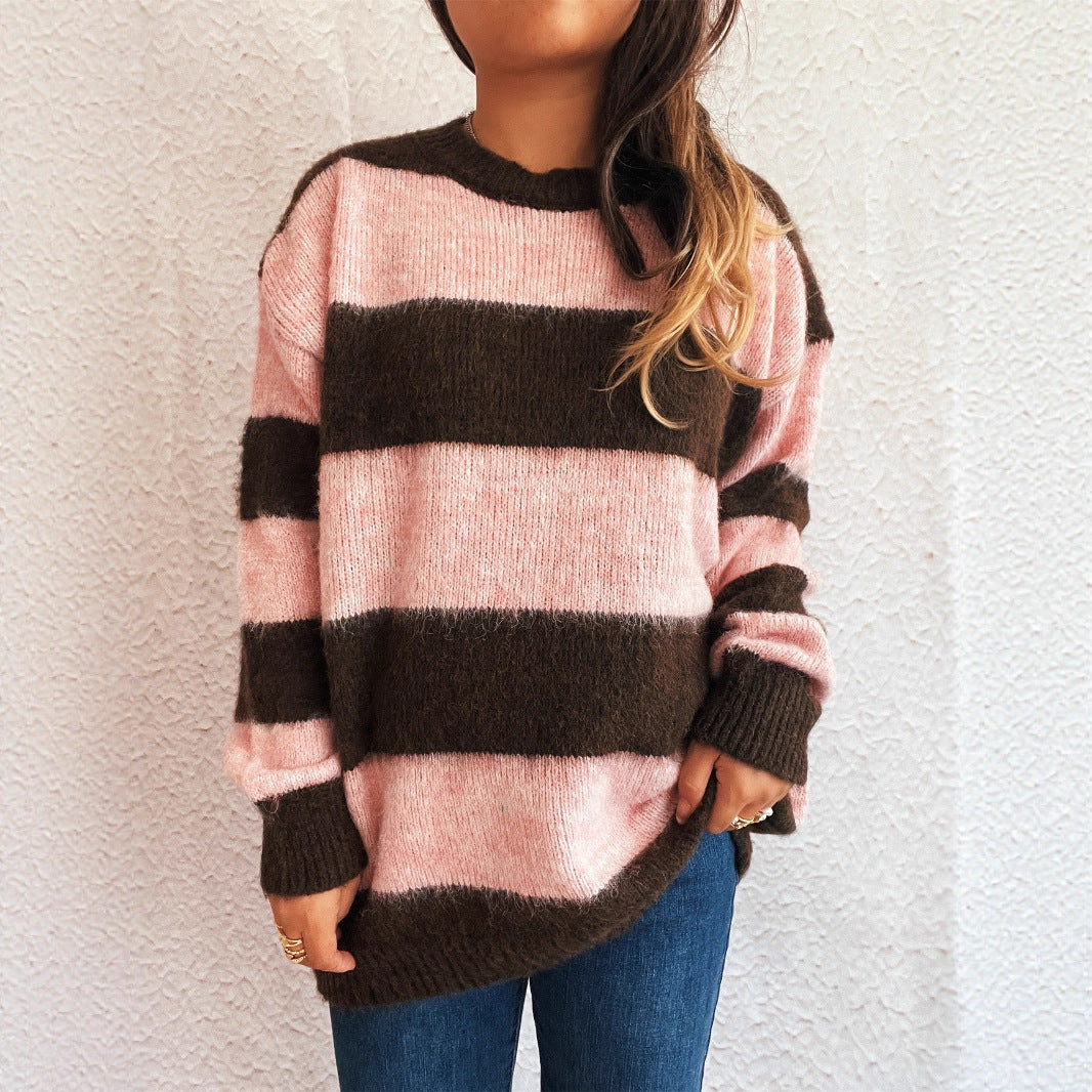 Striped Color Block Knitted Round Neck Chic Casual Loose Sweater