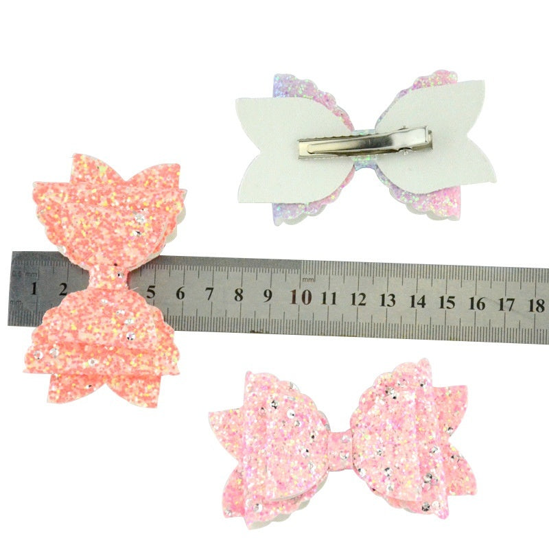 Girl's Hair Accessories Sequined Double-layer Leather Wave Bow