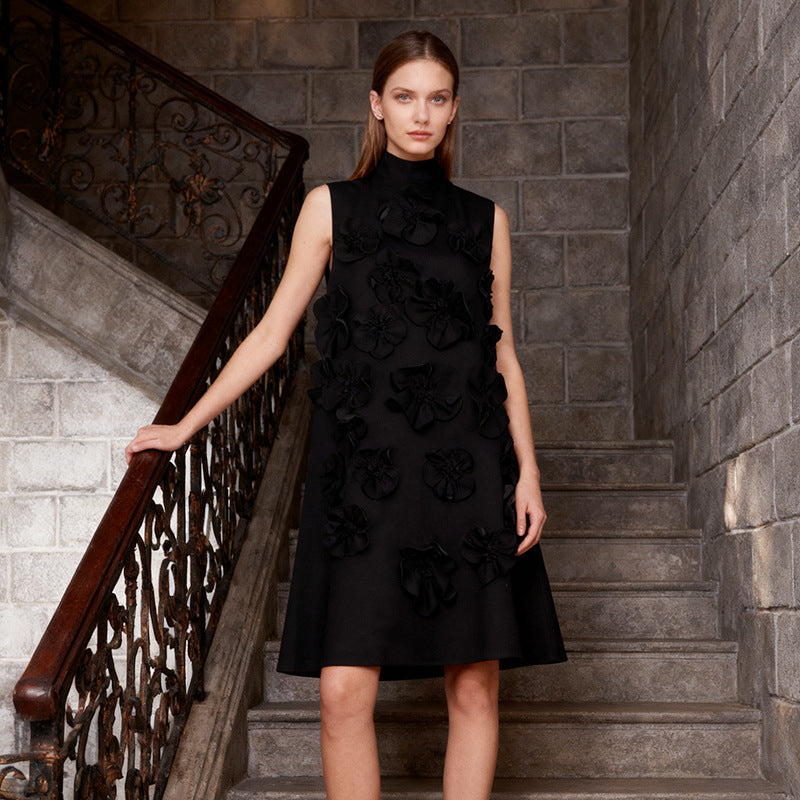 Short Skirt Stand-up Collar Tie Bow Three-dimensional Flower Dress