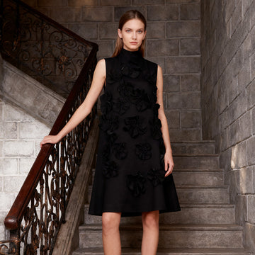 Short Skirt Stand-up Collar Tie Bow Three-dimensional Flower Dress