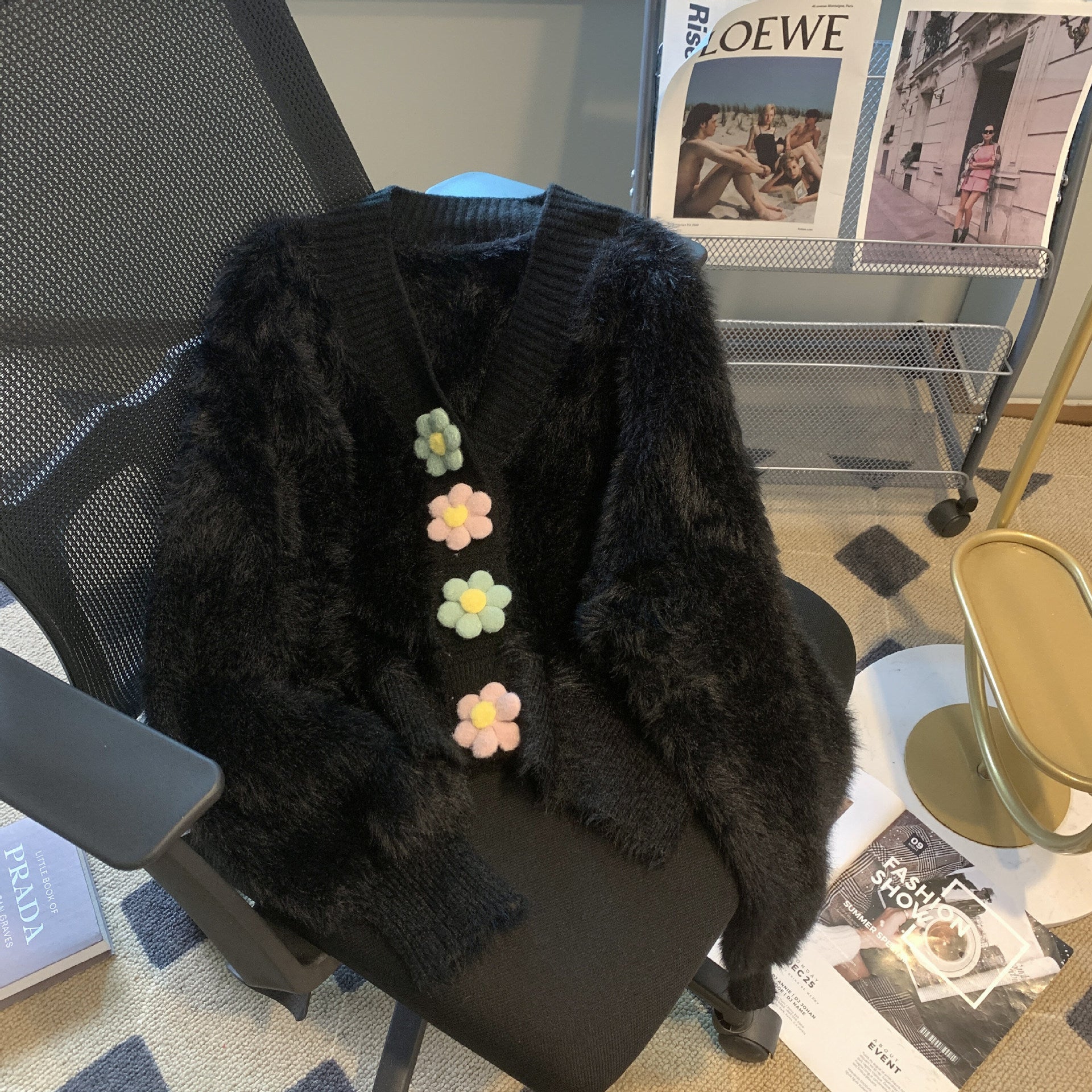 Women's Mink Fur Knitted Three-dimensional Flower V-neck Sweater Coat