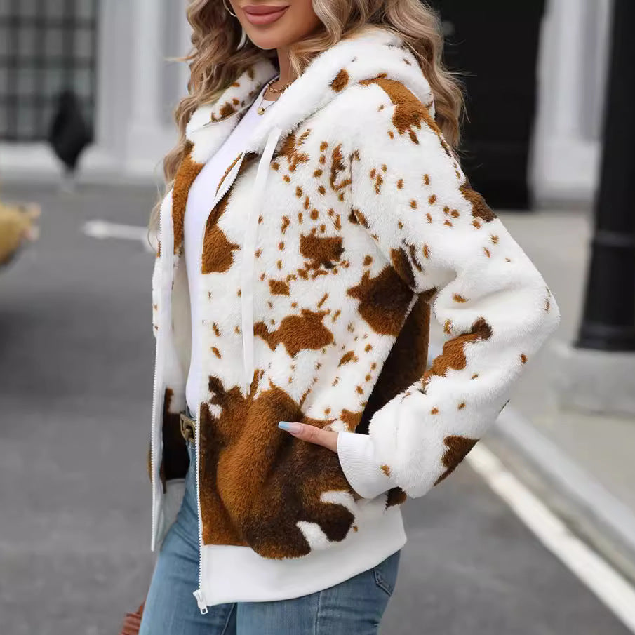 Hooded Zipper Plush Printed Cardigan Jacket