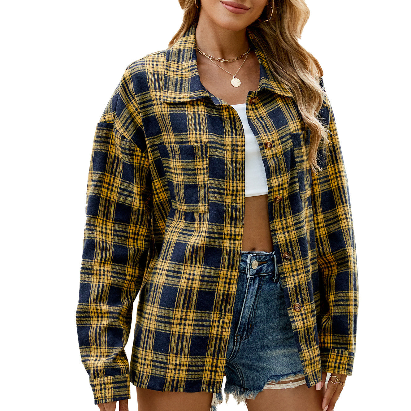 Wool Striped Long Sleeve Style Shirt Coat Women