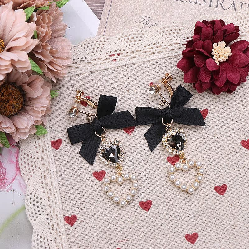 Japanese Style Sweet And Cute Bow For Cute Girl Rhinestone Earrings