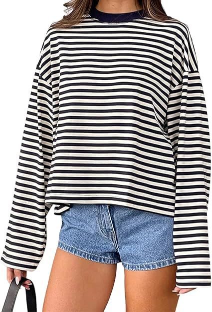 Casual Loose All-match Retro Contrast Color Striped Long-sleeved Top
