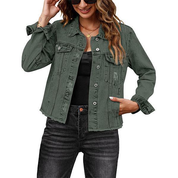 Female Solid Color Casual Embossed Denim Jacket Button Top