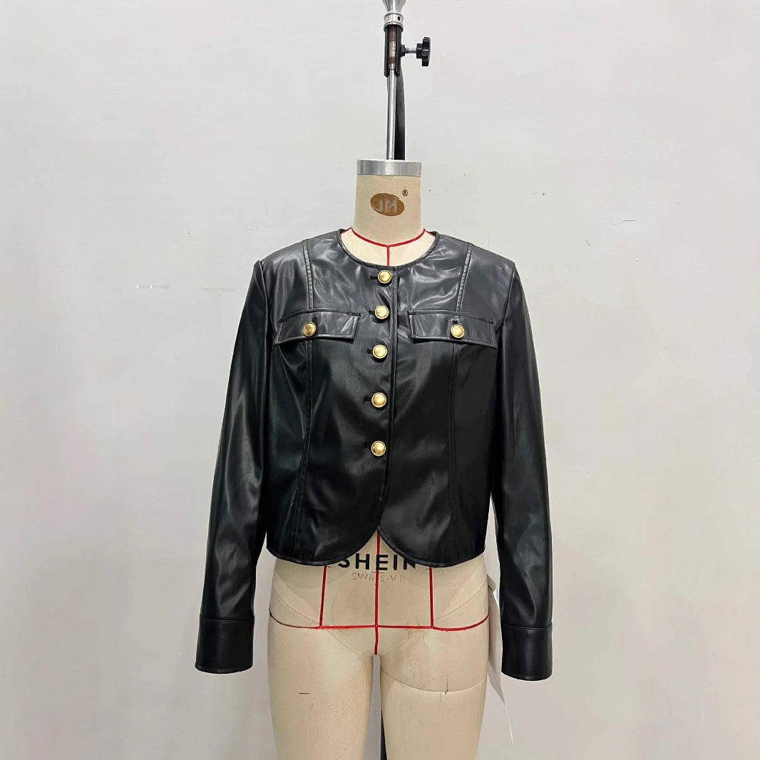 Round Neck Metal Buckle Embellished Short PU Leather Jacket