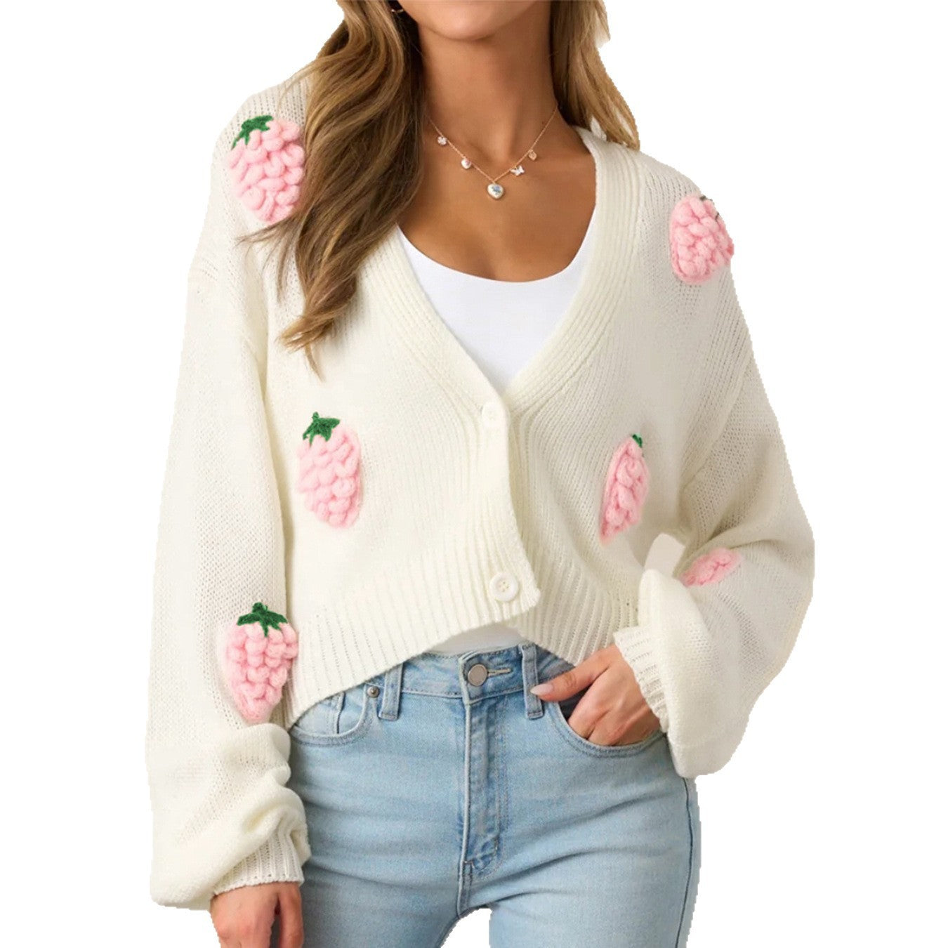3D Strawberry Pattern Women's Elegant Sweater