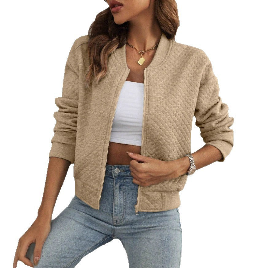 Long Sleeve Zipped Stand Collar Solid Color Coat