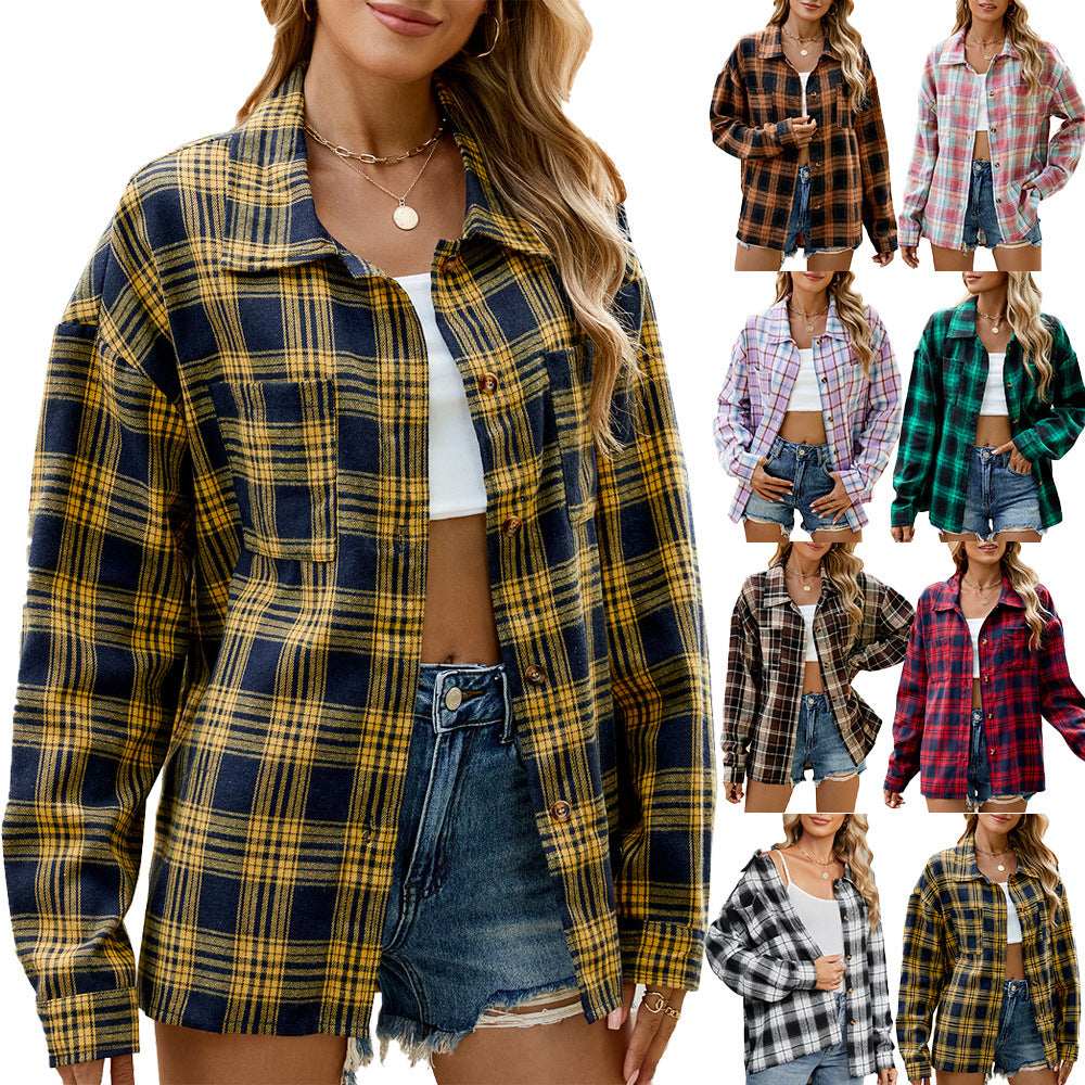 Wool Striped Long Sleeve Style Shirt Coat Women