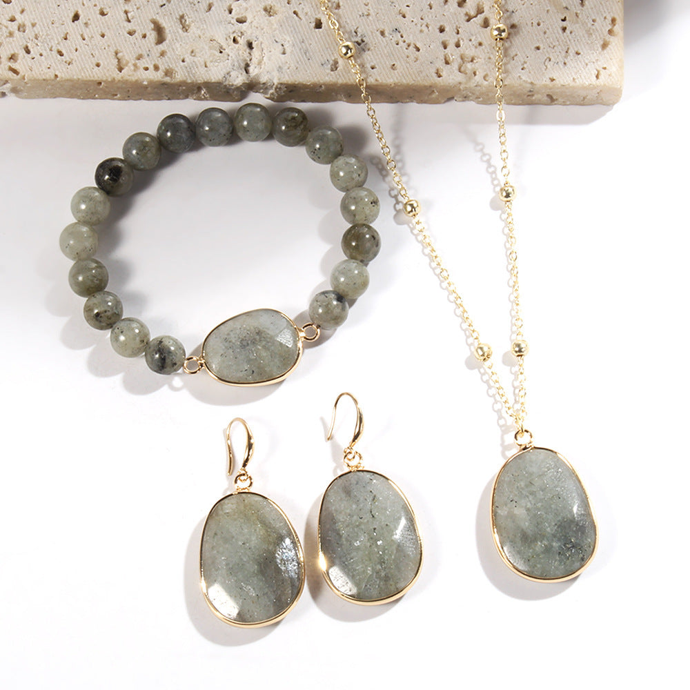 Gold Chain Necklace Natural Stone Bracelet Earrings Women's Jewelry Set