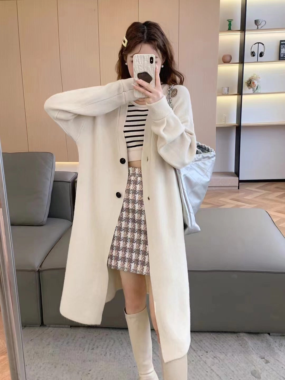 Button Solid Color Long Knitted Cardigan Sweater Coat