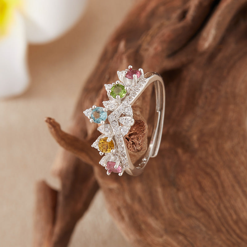 S925 Sterling Silver Crown Rainbow Tourmaline Ring