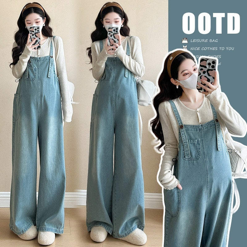 Simple New Long Sleeve Top Washed Denim Maternity Bib Pants