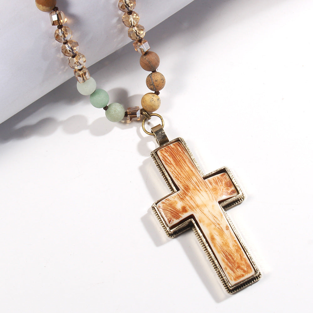 Glass Knotted Resin Cross Pendant Necklace Sweater Chain