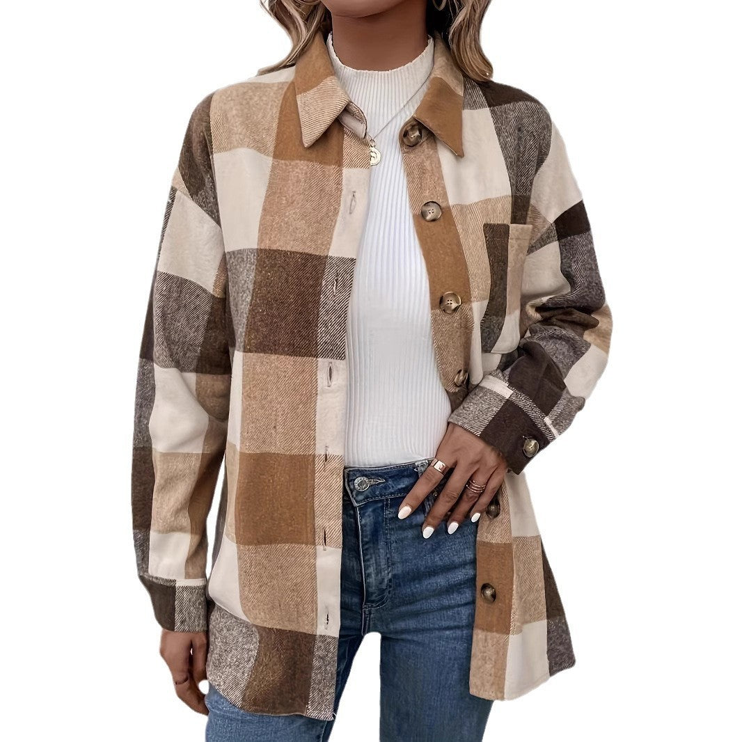 Women's Casual Brushed Plaid Single-breasted Lapel Casual Shirt