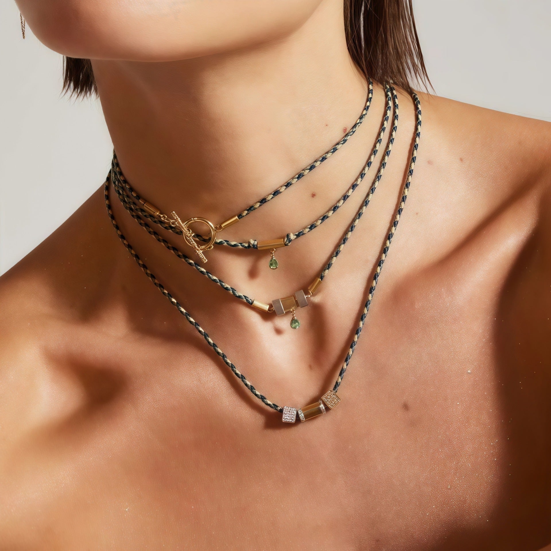 Braid Rope Emerald Pendant Twin Necklace