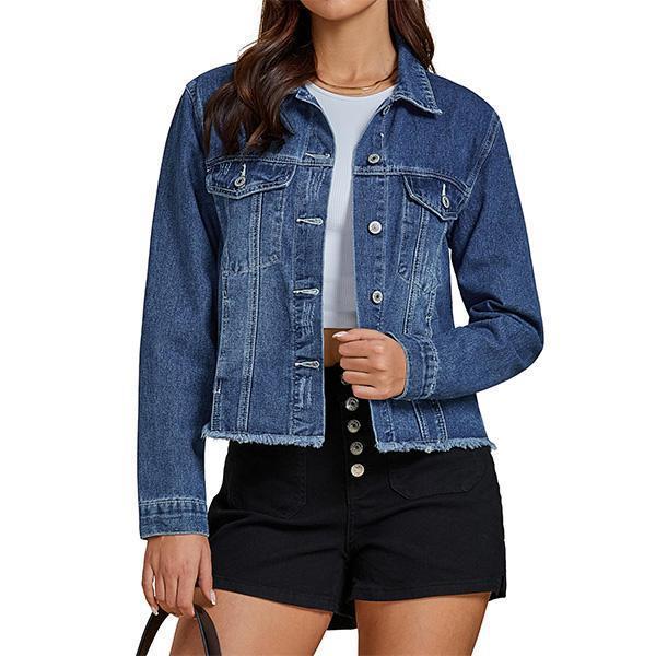 Female Solid Color Casual Embossed Denim Jacket Button Top