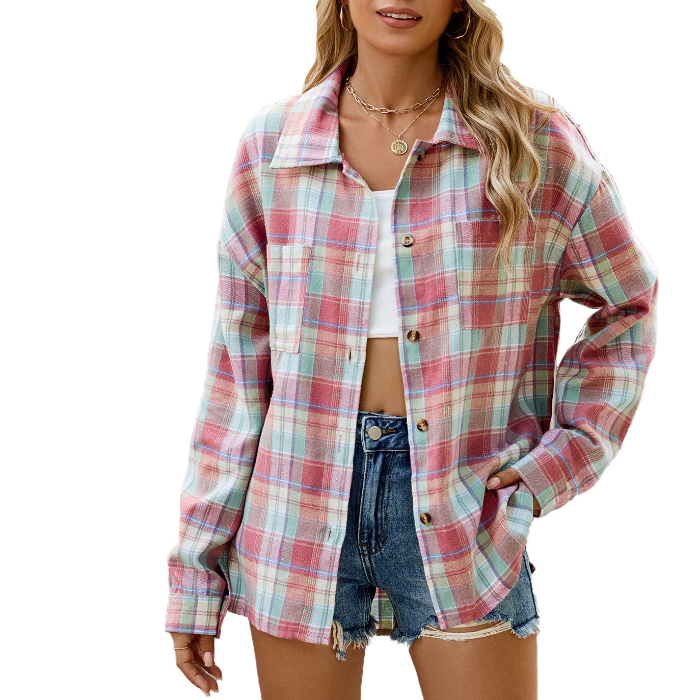 Wool Striped Long Sleeve Style Shirt Coat Women