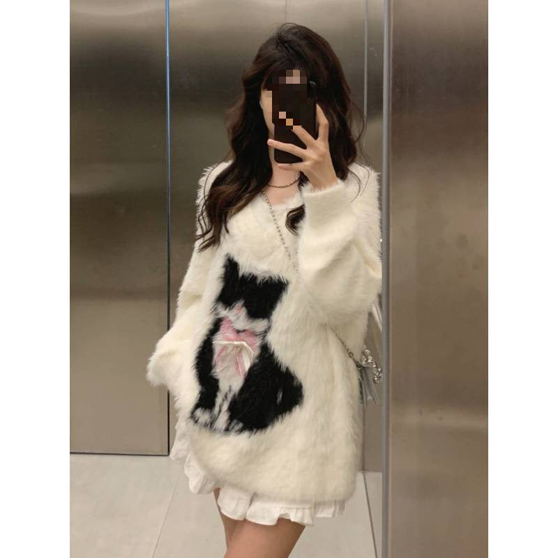 Cat Jacquard Artificial Mink Hair V-neck Sweater
