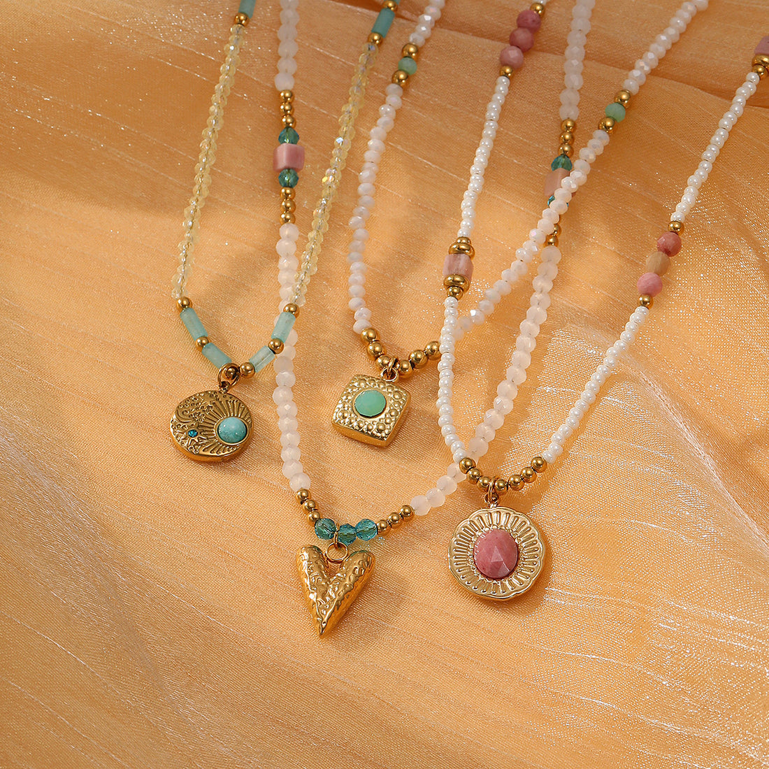 SUNFLOWER Color Crystal String Beads Rhodochrosite Women's Necklace