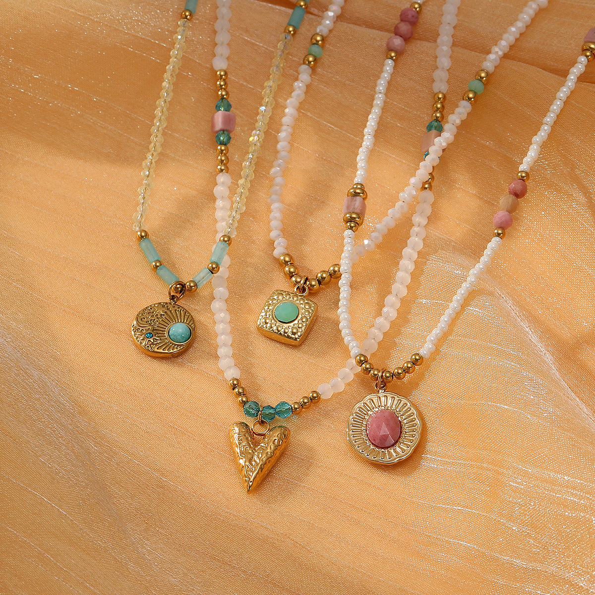 SUNFLOWER Color Crystal String Beads Rhodochrosite Women's Necklace