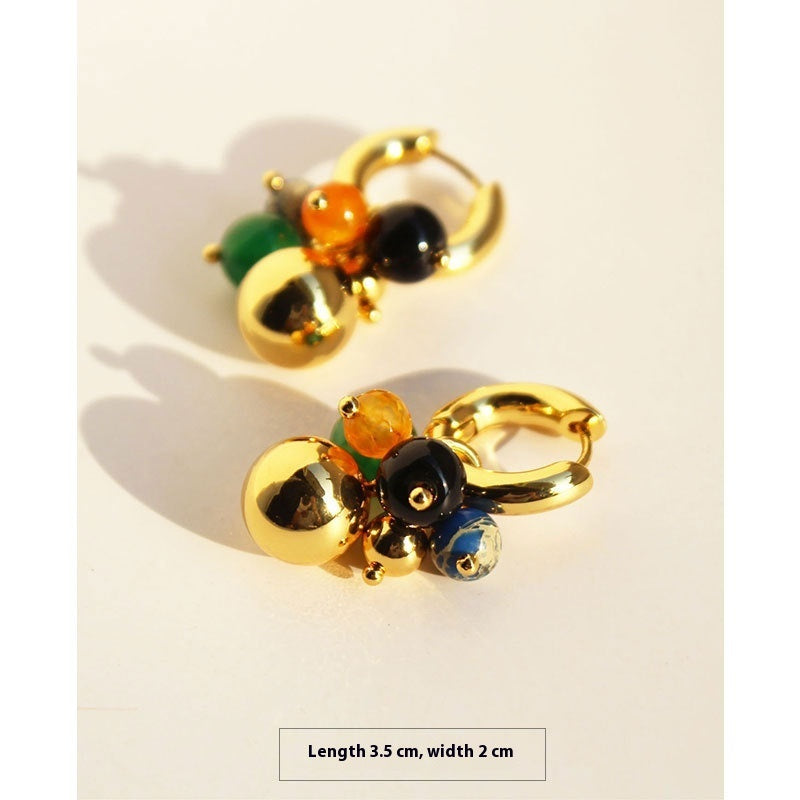 High-grade Green Black Yellow Agate Contrast Color Gold Ball Earrings