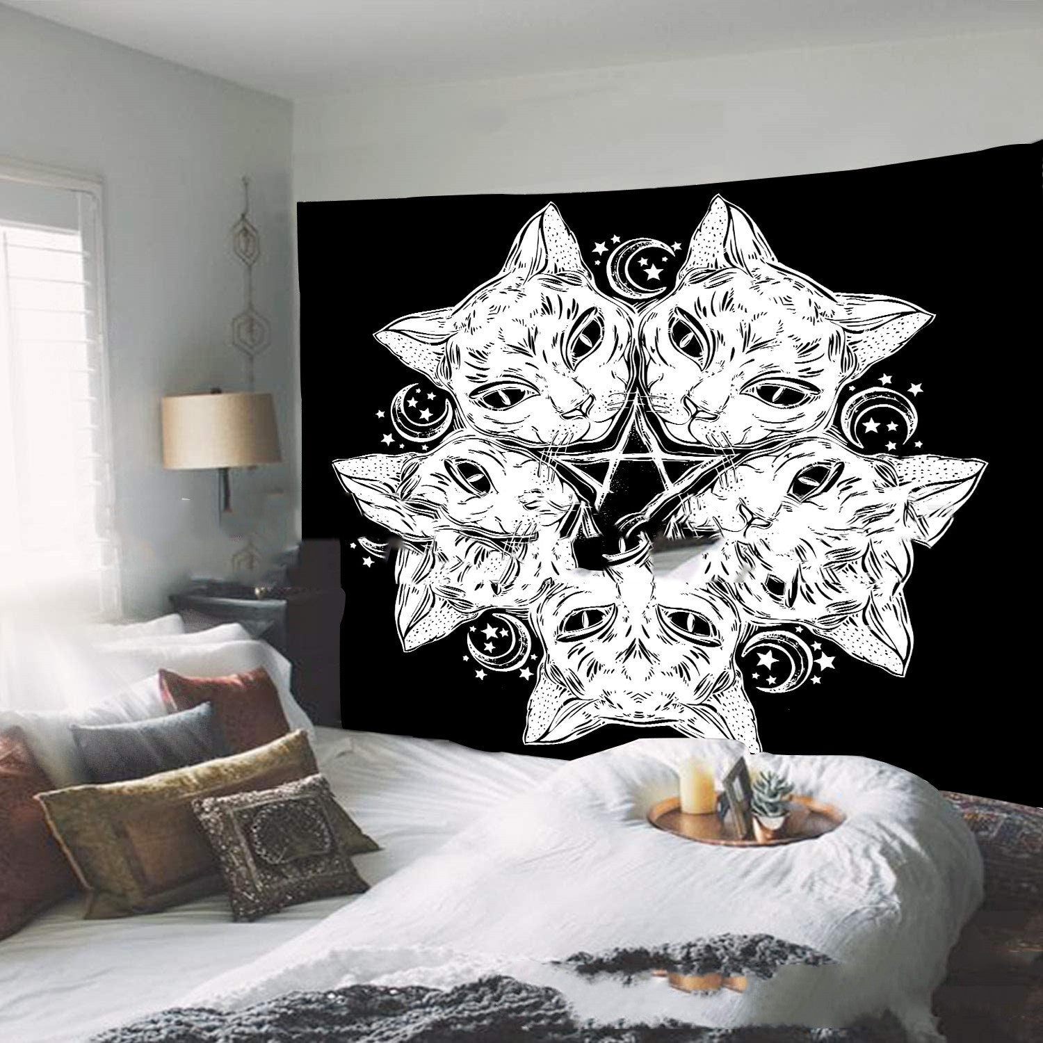 Magic Tapestry Hippie Cat Home Decor Black Cat Head Star