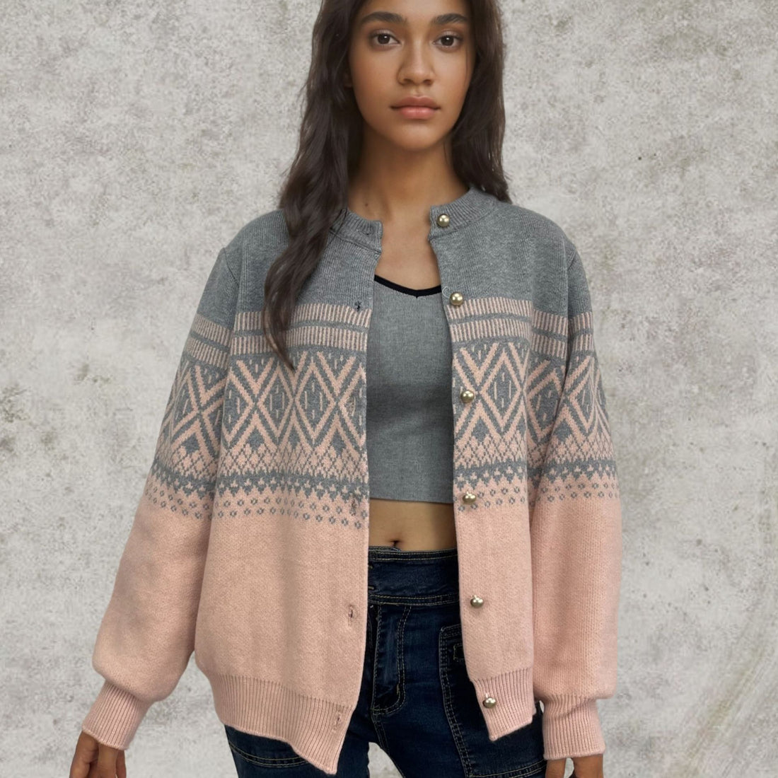 Women's Long-sleeved Contrast Color Diamond Knitted Sweater