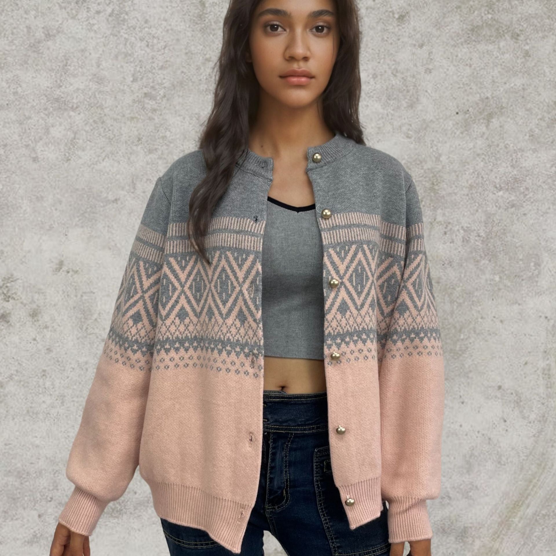 Women's Long-sleeved Contrast Color Diamond Knitted Sweater