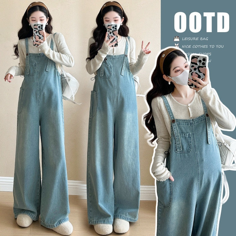 Simple New Long Sleeve Top Washed Denim Maternity Bib Pants
