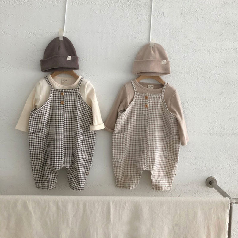 Infant Children's Clothing Solid Color Plaid Suspenders Jumpsuit
