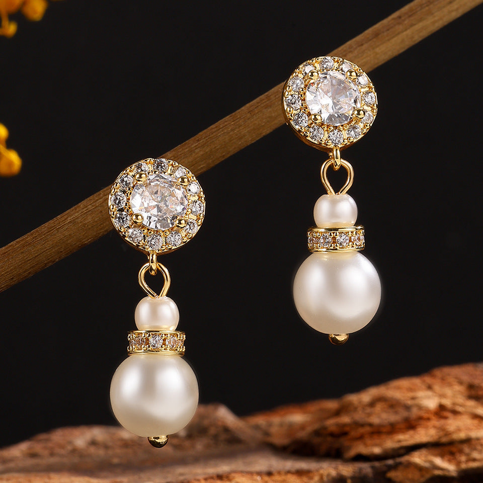 Round Full Diamond Pearl Stud Earrings For Women