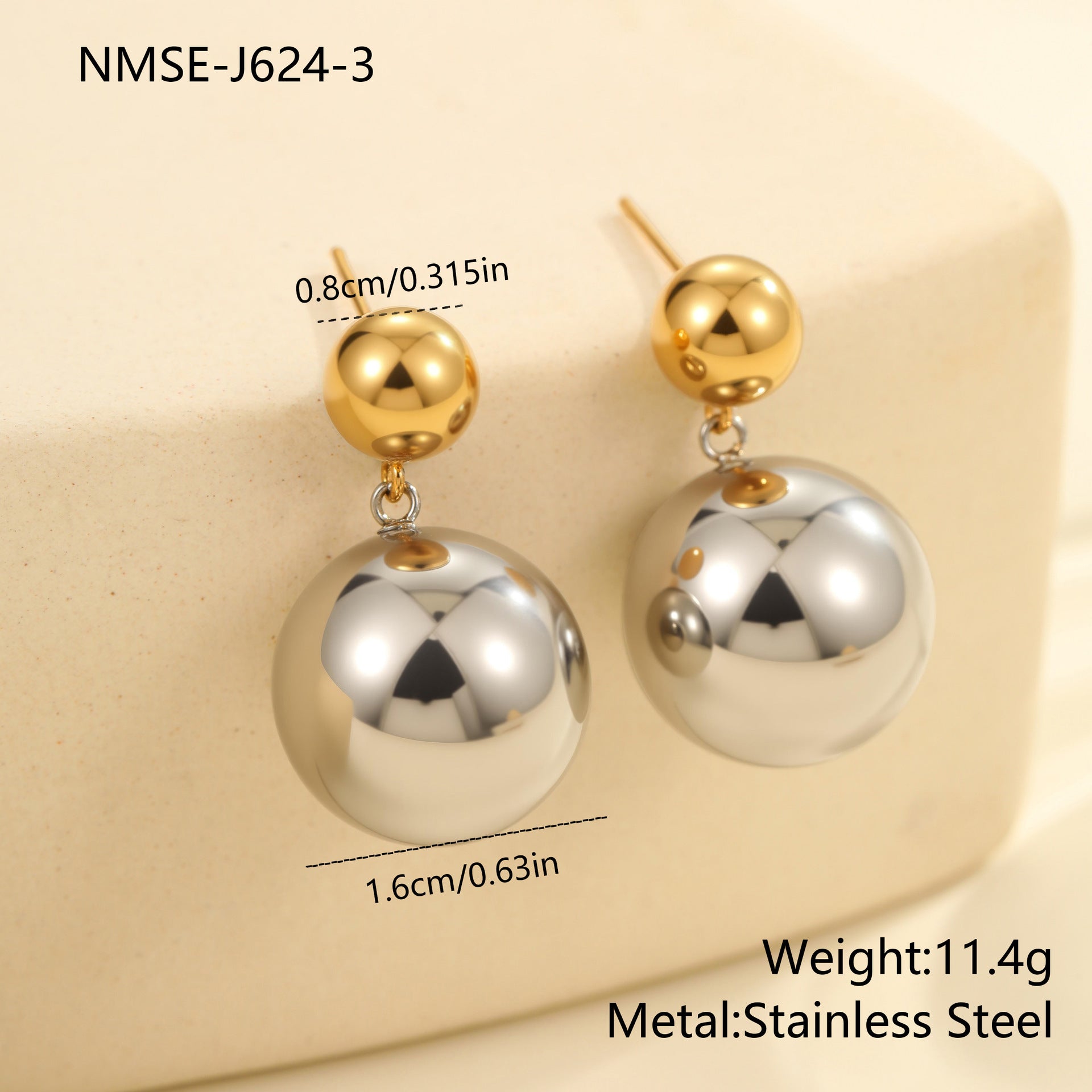 Round Beads Stainless Steel Color-block Ear Stud