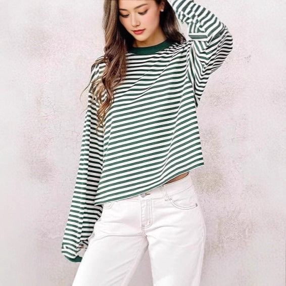 Casual Loose All-match Retro Contrast Color Striped Long-sleeved Top