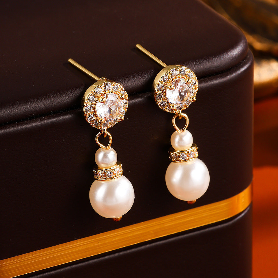 Round Full Diamond Pearl Stud Earrings For Women