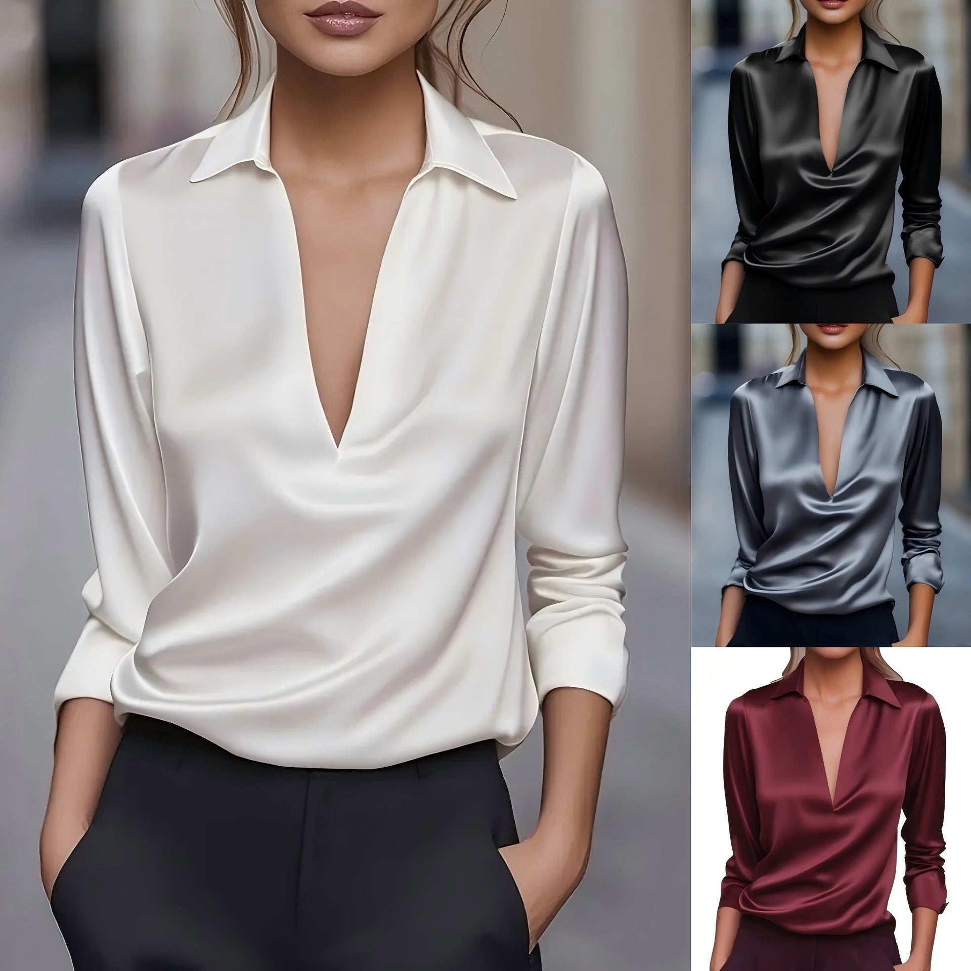 Solid Color Simple V-neck Shirt Long Sleeve Shirt