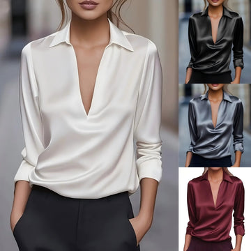 Solid Color Simple V-neck Shirt Long Sleeve Shirt