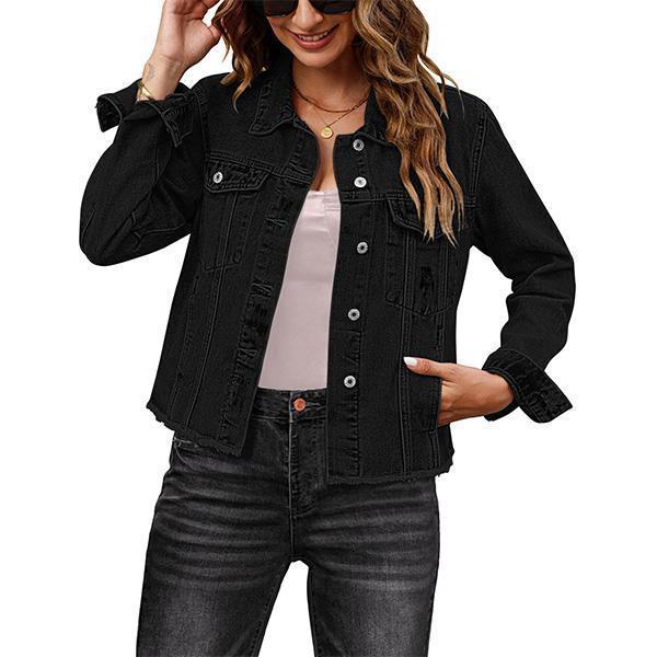 Female Solid Color Casual Embossed Denim Jacket Button Top