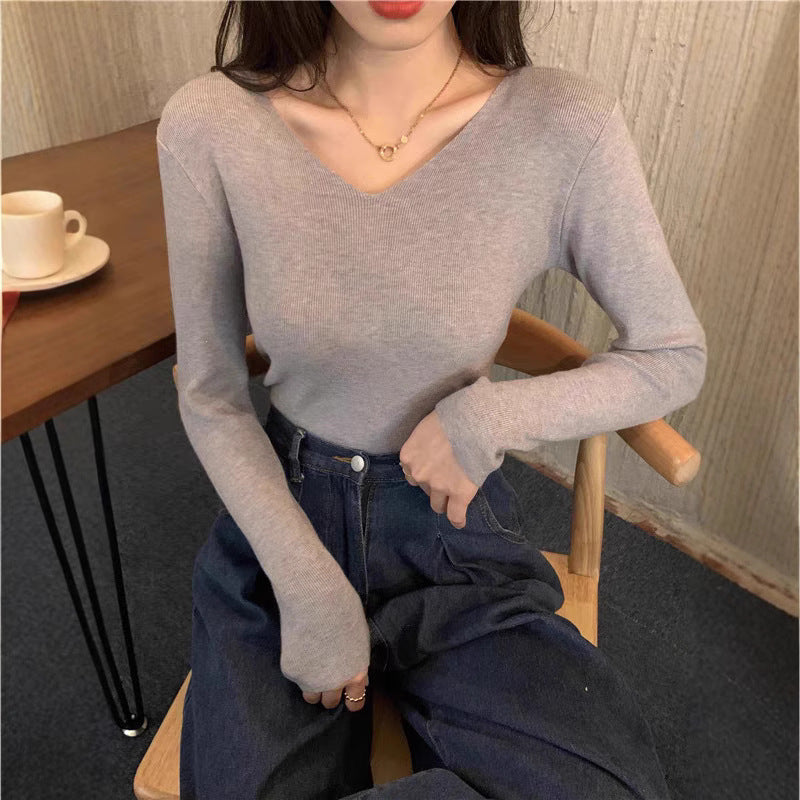Core-spun Yarn Slim V-neck Long Sleeve Inner Wear Sweater