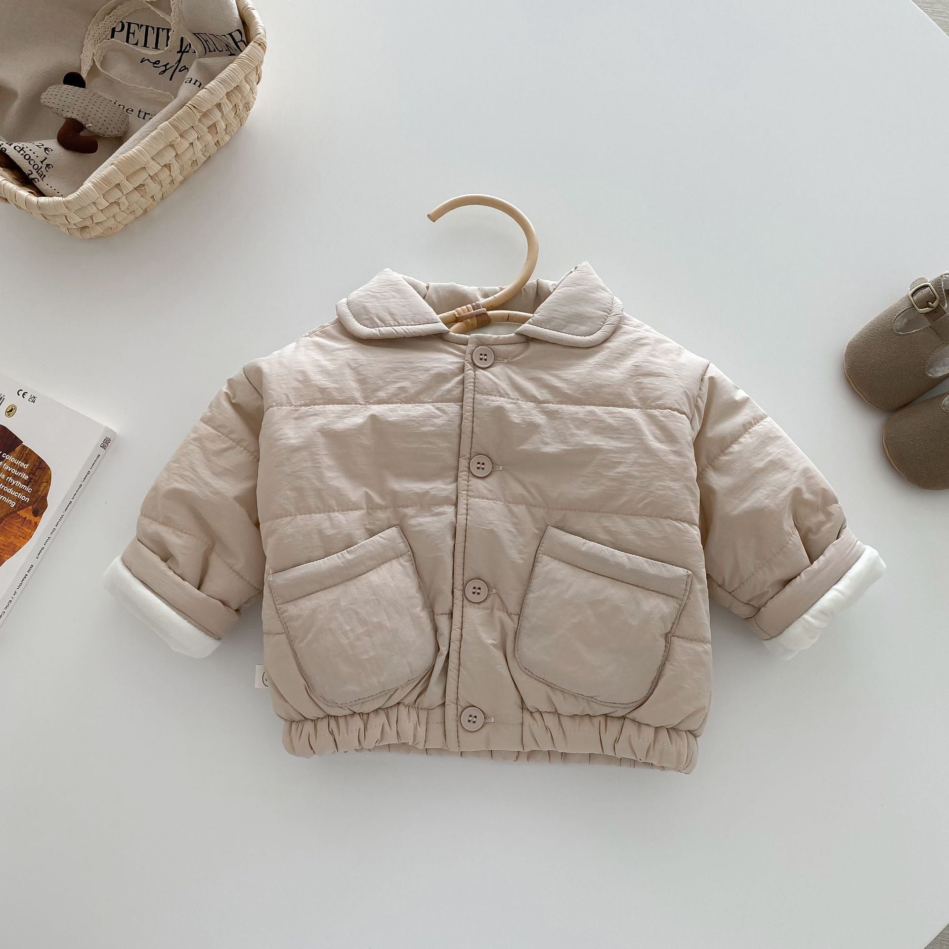 Children Pure Color Cotton Clothing Velvet Padded Thickened Coat