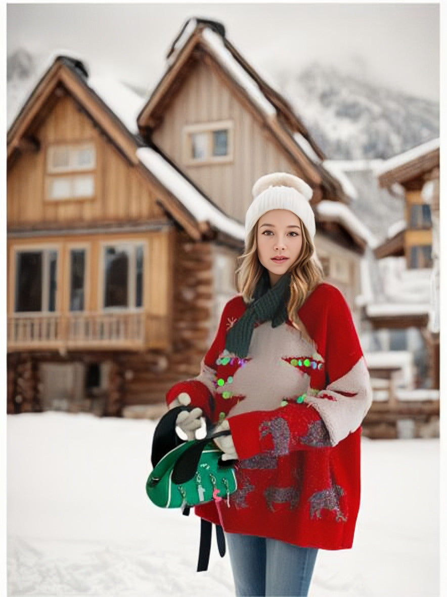 Women's Loose Christmas Tree Three-dimensional Sequins Pullover Crew Neck Sweater