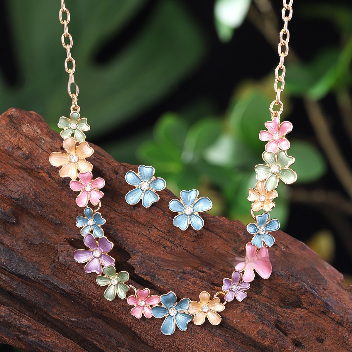 Zinc Alloy Flower Stitching Colorful Oil Exquisite Inlaid Design Necklace Eardrop Set