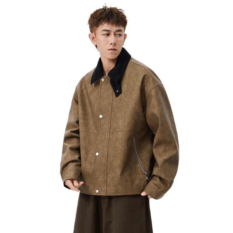 Large Size Men's PU Leather Coat Polo Collar Jacket