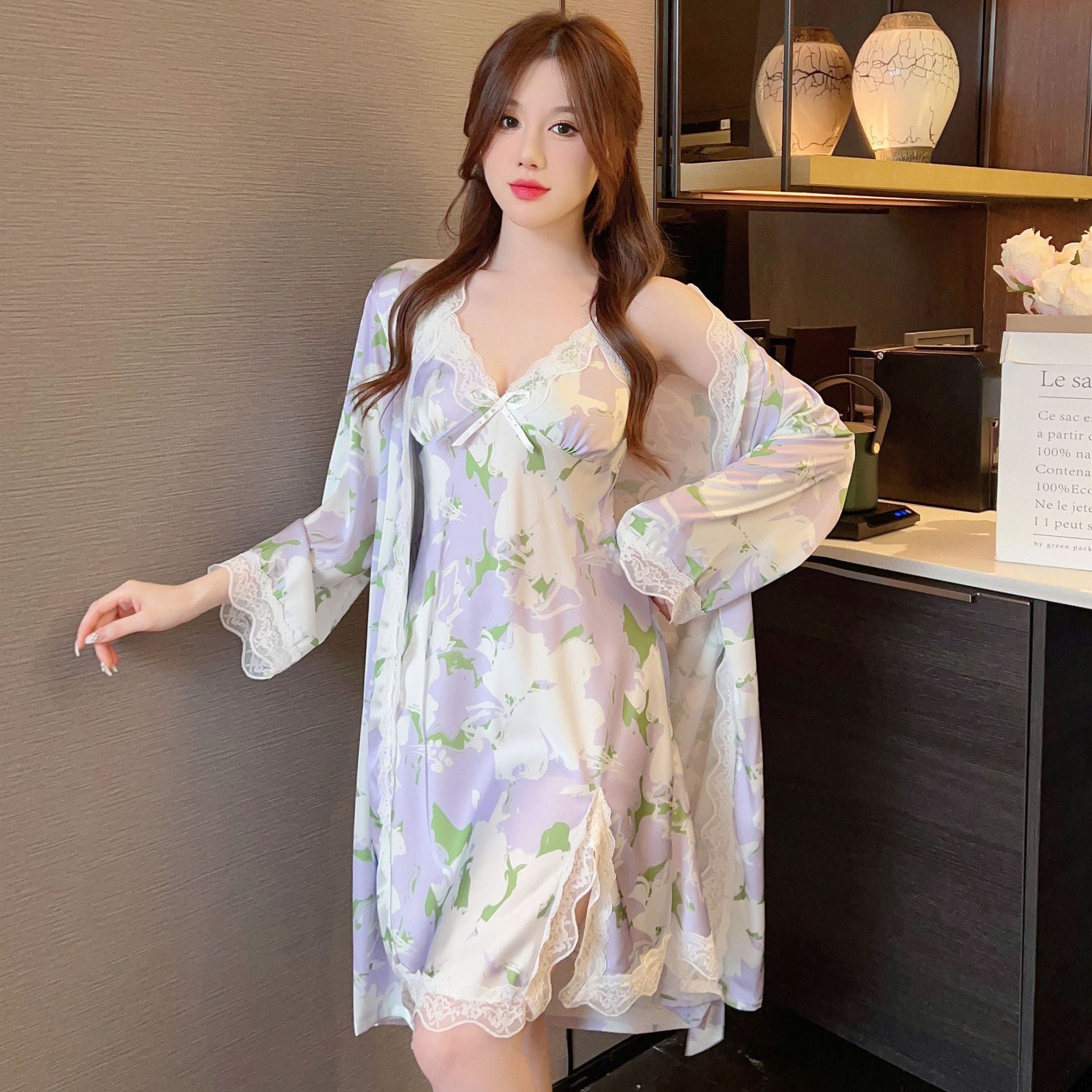 Women's Ice Silk Pajamas With Chest Pad Thin Robe Nightdress Two-piece Suit