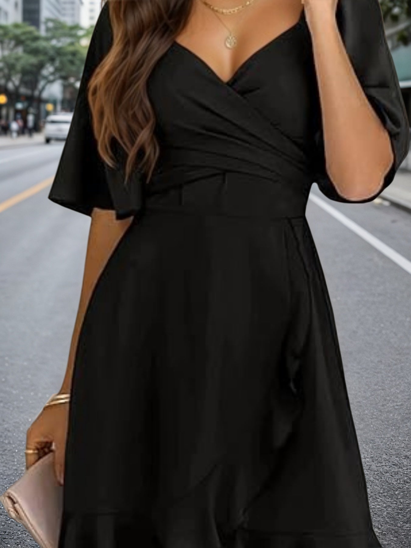 Lightweight Black Ruffled Hem Dress  Women's Flowy Mini Dress For Spring Summer Vacation