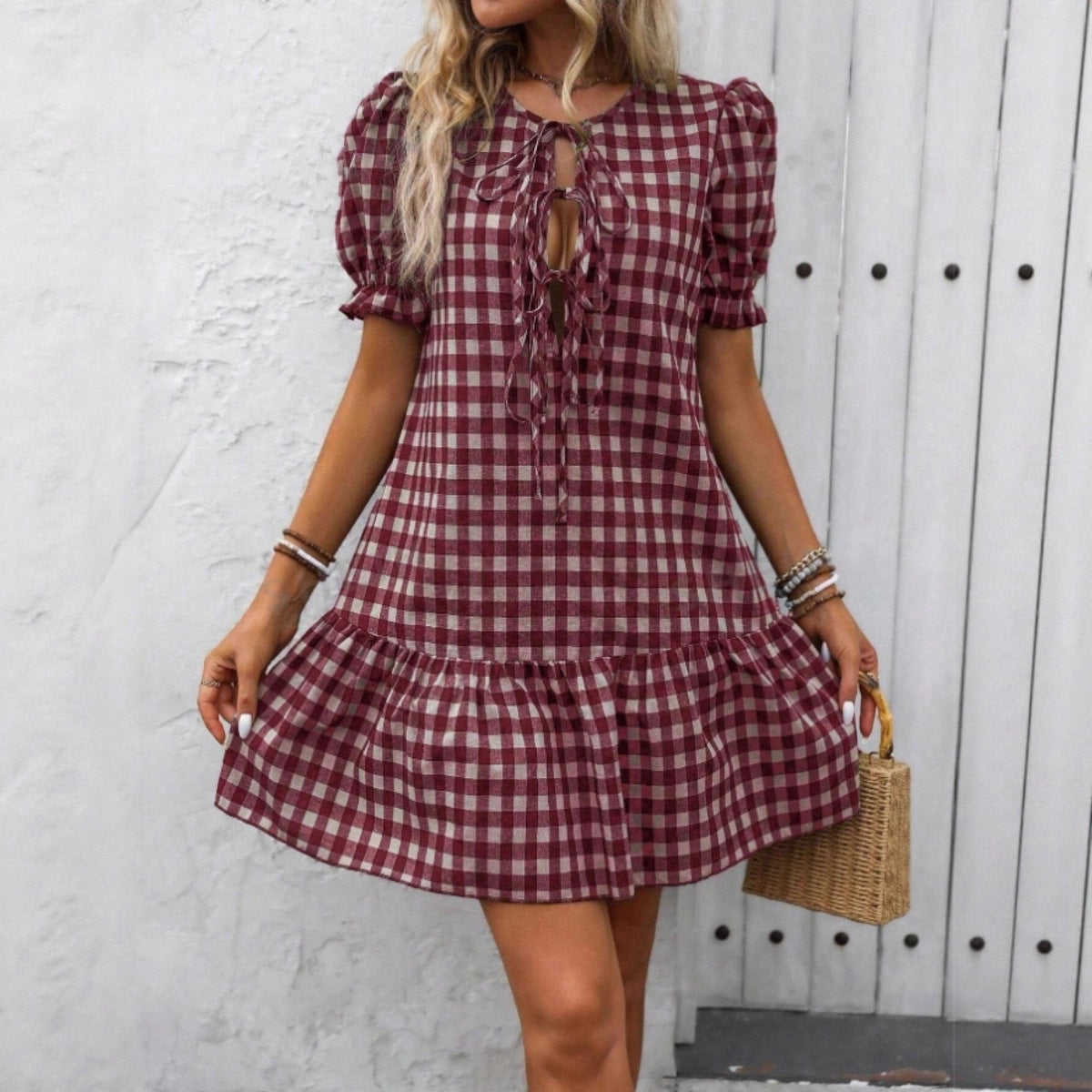 Plaid Drawstring Puff Sleeve Bohemian Dress