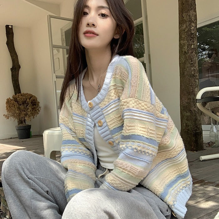 Women's Loose Striped All-matching Knitted Sweater Cardigan Coat